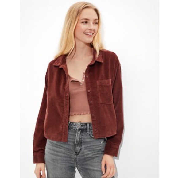 American Eagle Outfitters Tops - AE Cropped Corduroy Button-up Shirt Dark Amber Medium